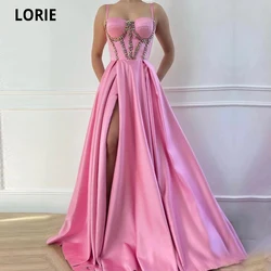 LORIE Pink Satin Beading Prom Dresses 2020 Sweetheart Spaghetti Strap Formal Evening Gowns High Slit Crystals Celebrity Dresses