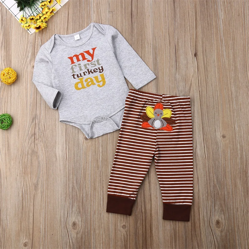 Focusnorm/одежда на День Благодарения; хлопковые топы для новорожденных мальчиков и девочек; комбинезон; длинные штаны в полоску; комплект одежды