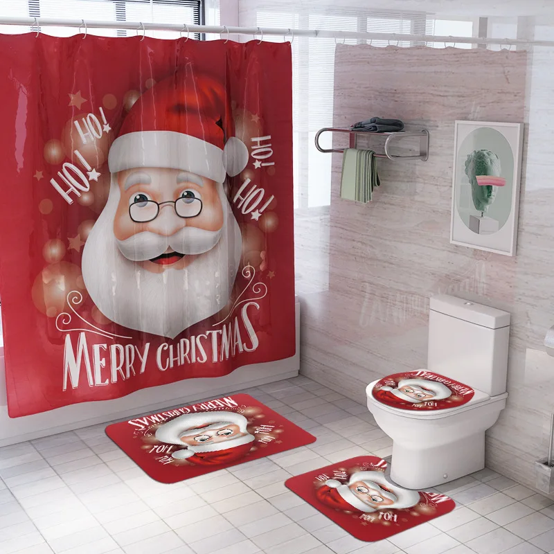 

Bathroom Curtains Rugs Set of 4 Merry Christmas Red Santa Claus Anti Slip Waterproof Bathroom Accessories Home Decor