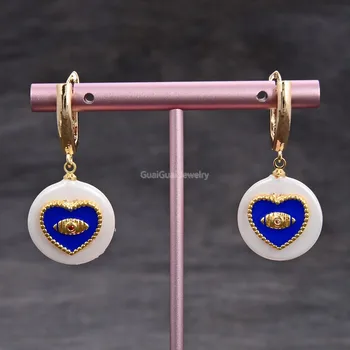 

GG Jewelry Natural White 18MM Coin Shell Pearl Trimmed With Cz Pave Heart Insect Gold Plated Dangle Hook Earrings