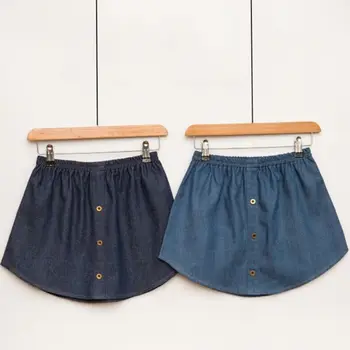 

Korean Women SkirtGirls Faux Denim Curved False Fake Hem Button Down Detachable Skirt