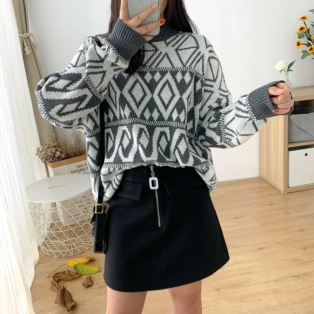 

Geometry Women Knitted Sweater Autumn Winter Fashion Korean Cashmere O-neck Long Sleeve Pullover Female Jumper Knitwear Sweater