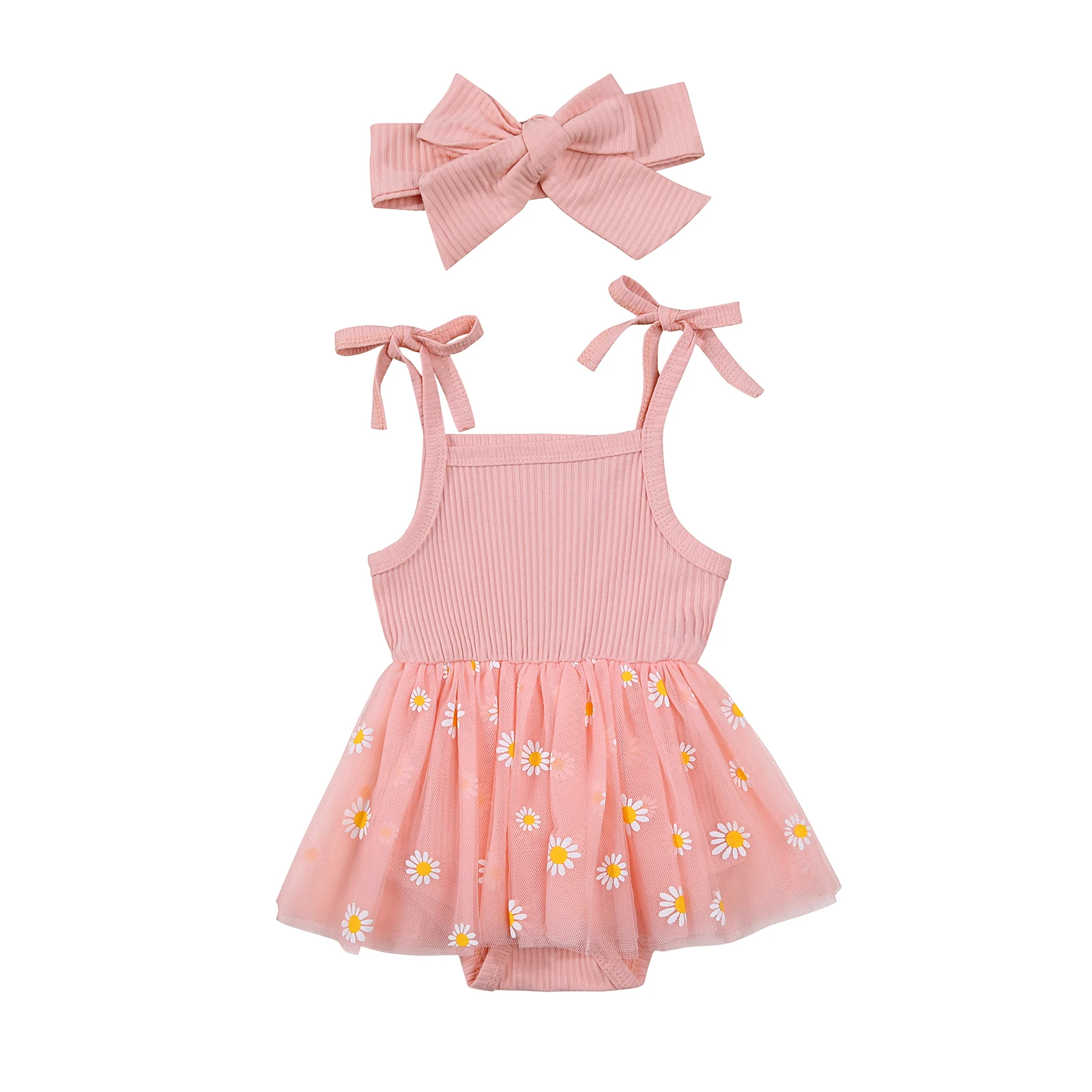 2Pcs Baby Girls Summer Romper Dress Cute Tie Strap Sleeveless Daisy