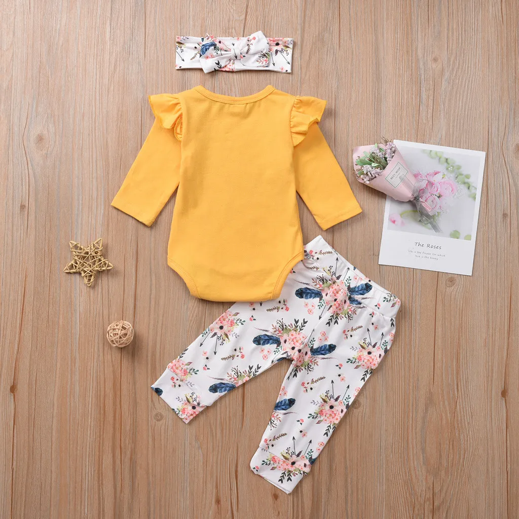 Комбинезон с длинными рукавами для маленьких девочек, Топы+ штаны с цветочным принтом+ набор повязок, наряды детская одежда roupa infantil, детская одежда - Цвет: Цвет: желтый