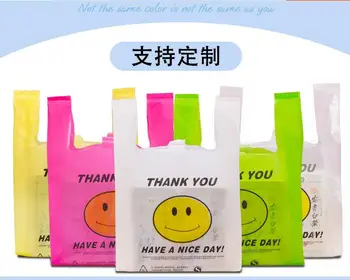 

Smile face supermarket shopping bag 4 sizes 50pcs Cheap vest bag plastic bags with handle snack boutique plastic bag
