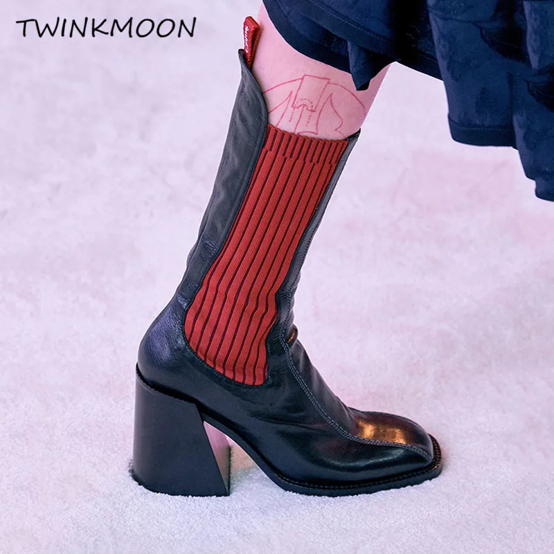 

Square Toe Ankle Boots Women Genuine Leather Block High Heels Snake Print Celebrity Autumn Winter bootee woman 2019
