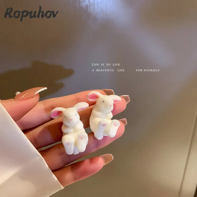ROPUHOV 2021 New Korean Trendy Jewelry 925 Silver Needle White Rabbit Earrings Female Cute Simple Cartoon | Украшения и