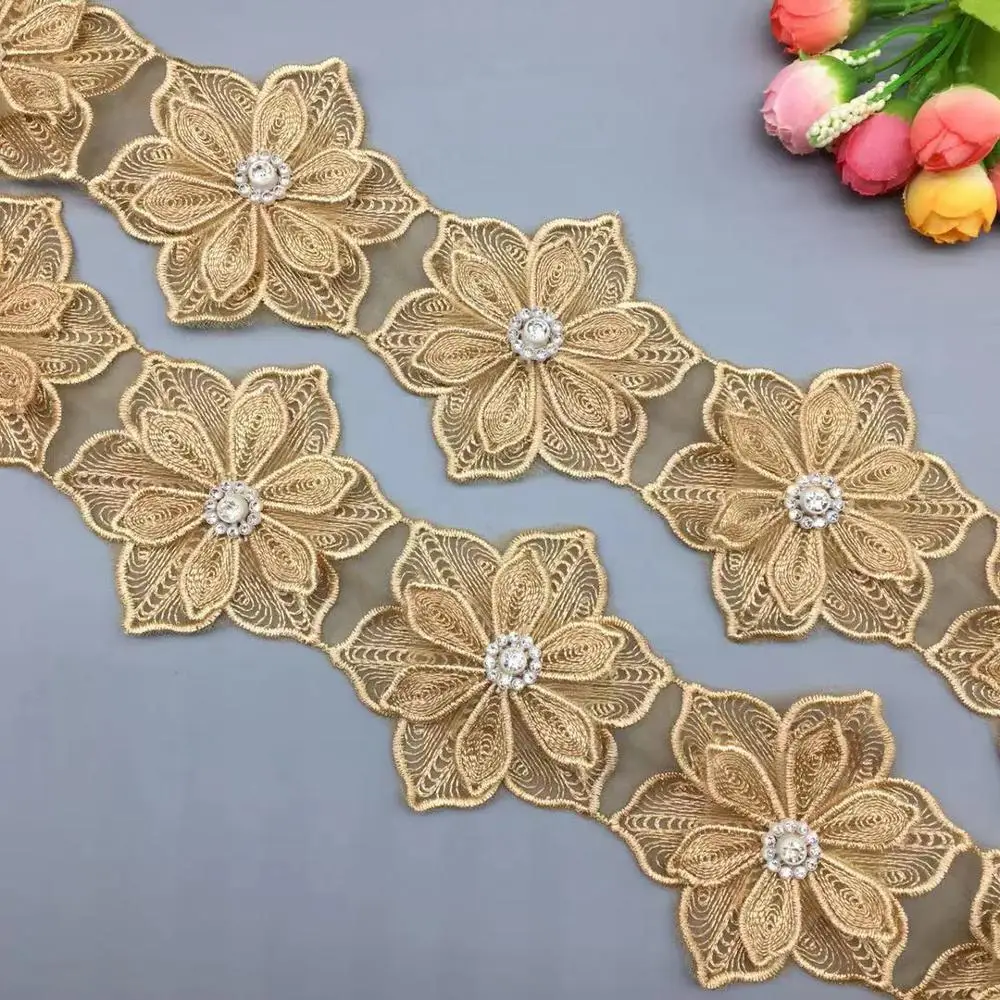 

20x Gold Diamond 7.5cm 3D Flower Embroidered Lace Trim Ribbon Fabric DIY Wedding Sewing Craft For Costume Hat Shoes Decoration
