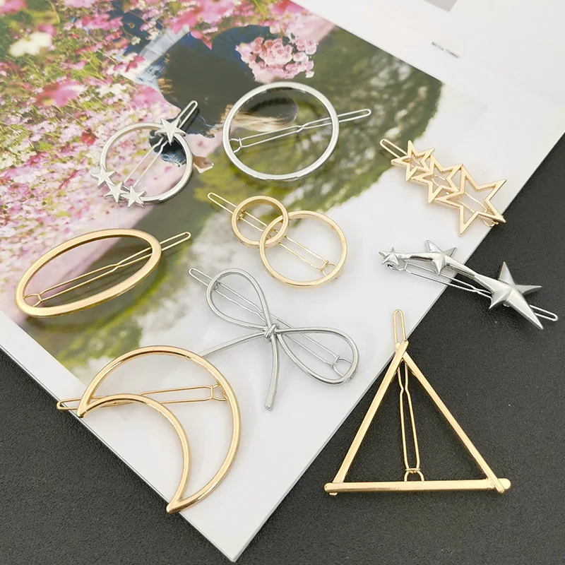 Fashion Stars Triangle Geometric Hair Clips For Women Accessories Gold Silver Geometric Hair Clip pins Alloy Circle Hair grip