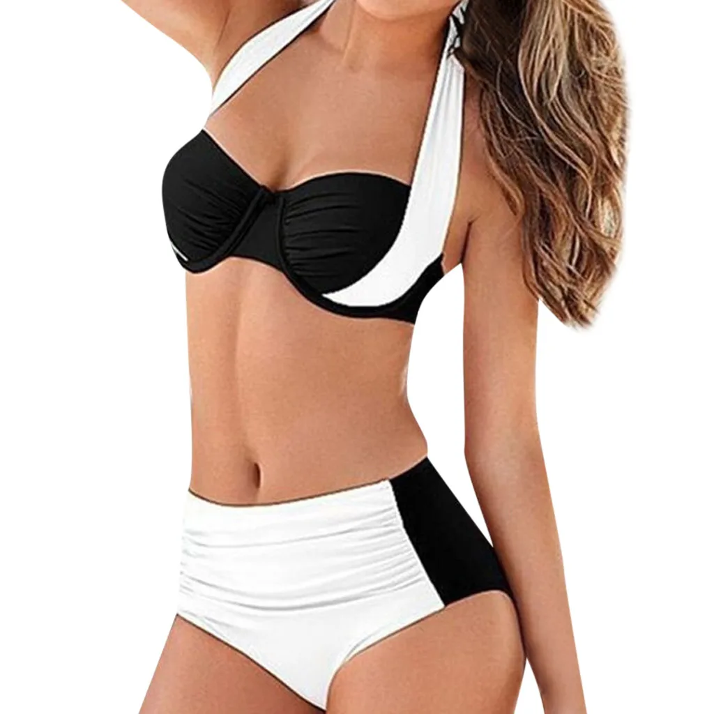 

Sports Swimsuit Color Patchwork Women's Sexy Bikini Mid Waist Padded Push-up Bikini Set Swimsuit Bathing Suit Swimwear L1205