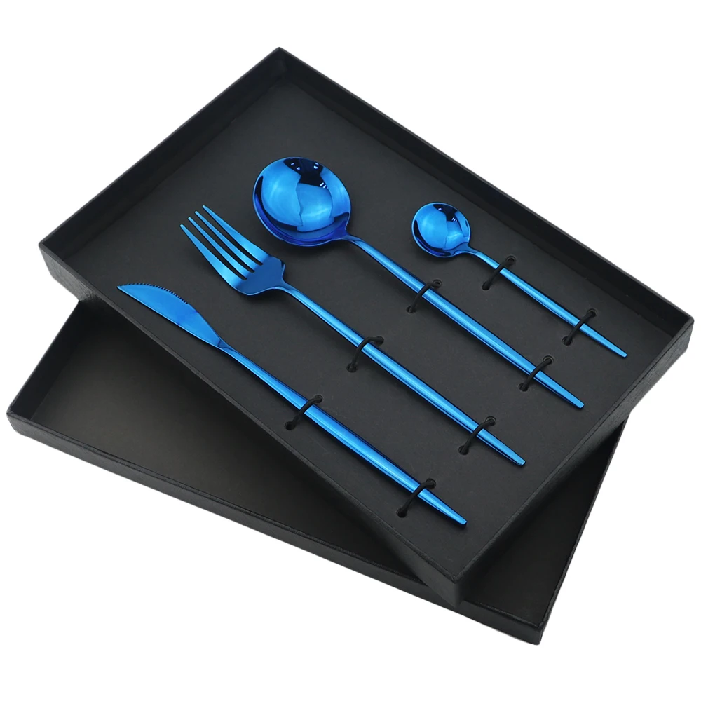 4Pcs Blue 24 шт. золотой набор посуды набор столовых приборов класса люкс из нержавеющей стали столовый набор вилка нож ложка посуда столовое серебро с деревянной подарочной коробкой - Цвет: 4Pcs Blue
