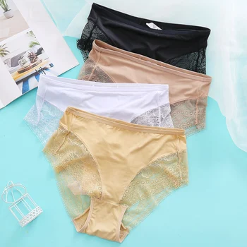 

Mid-rise Lace Briefs Ladies Sexy Lace Solid Color Underwear Breathable Panties Triangle Women Briefs M