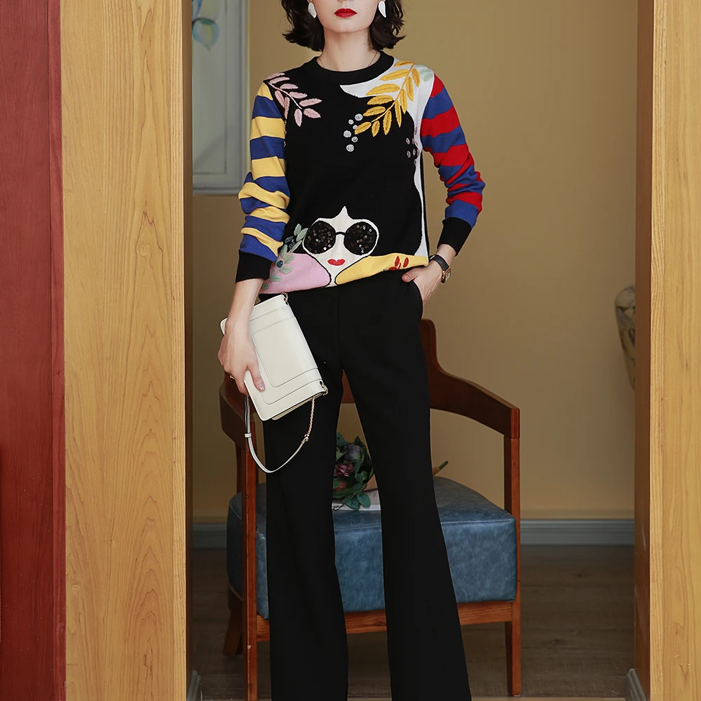 Billig Winter Neue Kontrast Gestreiften Ärmel Stickerei Blätter Perlen Pailletten Sonnenbrille Mädchen Stricken Pullover C 331