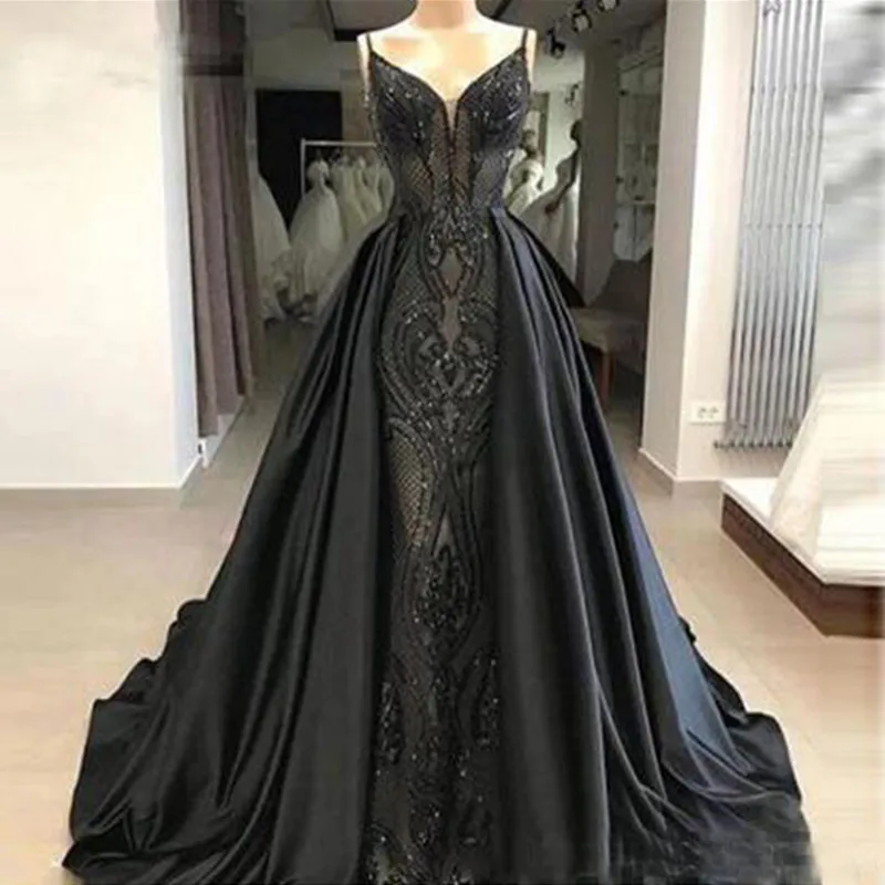 

Black Prom Gowns abiye Long Removable Skirt Sequins Vestido de noche Evening Gown Appliques robe de soiree Formal Dresses abiye
