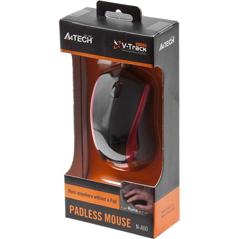Мышь A4 V-Track Padless N-400-2 черный/красный оптическая(1000dpi) USB(2but