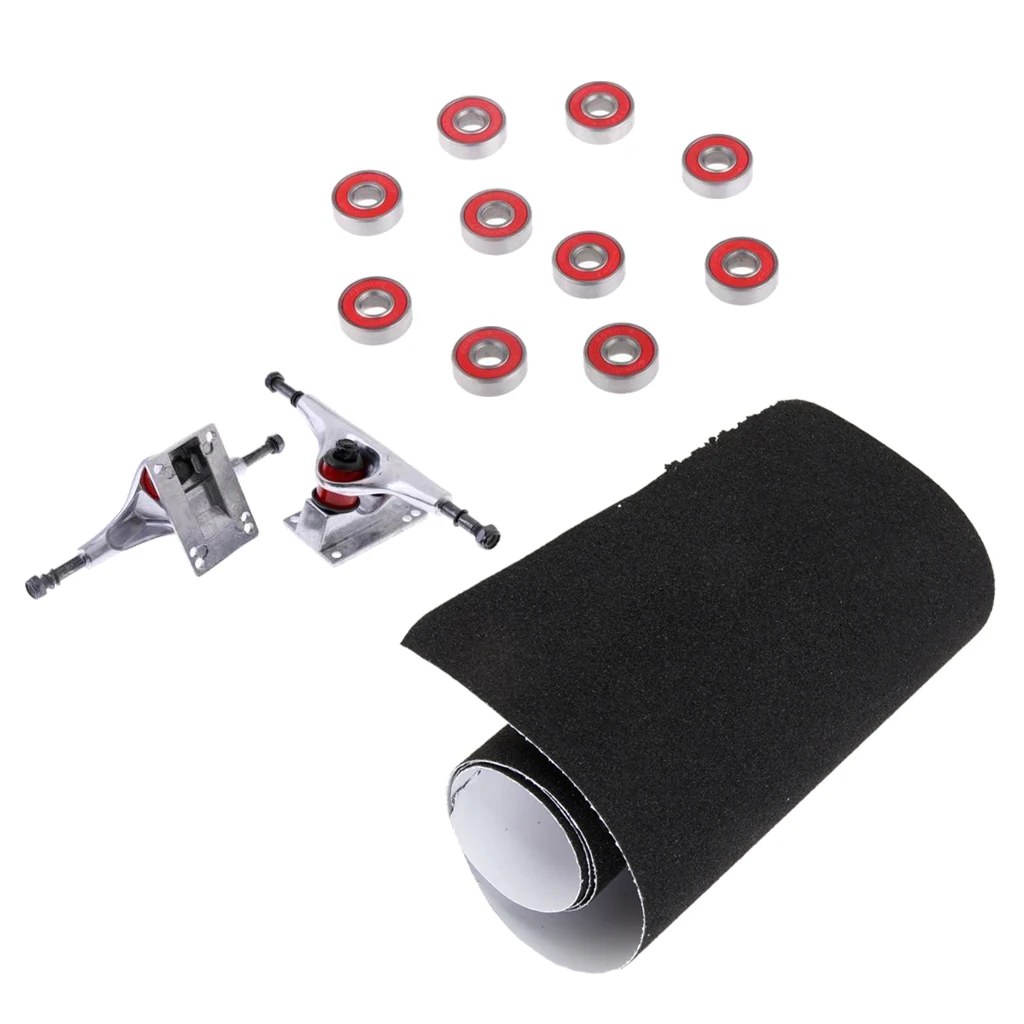 2 Pieces 5' Silver Aluminium Skateboard Trucks + 10 Pieces Red ABEC 7 Wheels Bearings + Black Grip Tape 84 x 23cm