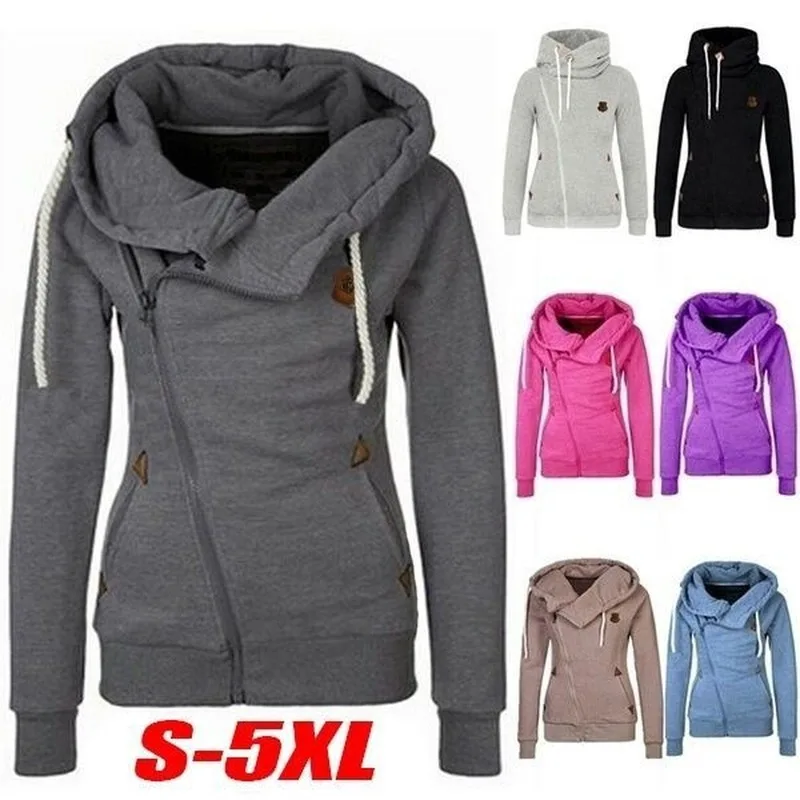 Sudadera de S-5XL de talla grande para mujer, de cuello vuelto suéter con capucha, chaqueta con cremallera abrigos laterales, Otoño e Invierno