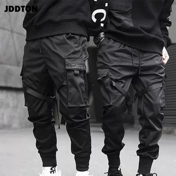 

JDDTON New Men's Ribbons Cargo Pants Fashion Harajuku Casual Loose Tide Pocket Hip Hop Streetwear Male Beam Foot Trousers JE206