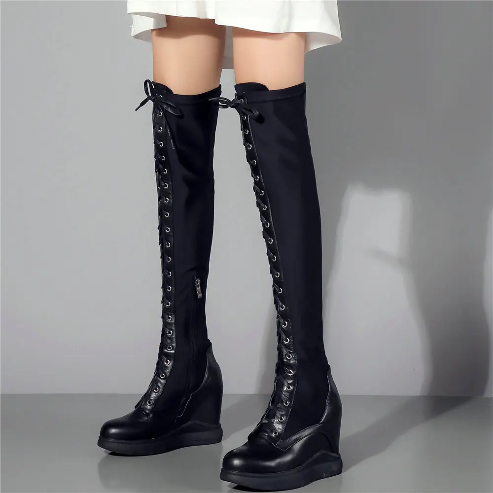 2021 Platform Pumps Shoes Women Genuine Leather Wedges High Heel Over The Knee Boots Female Stretchy Thigh High Fashion Sneakers