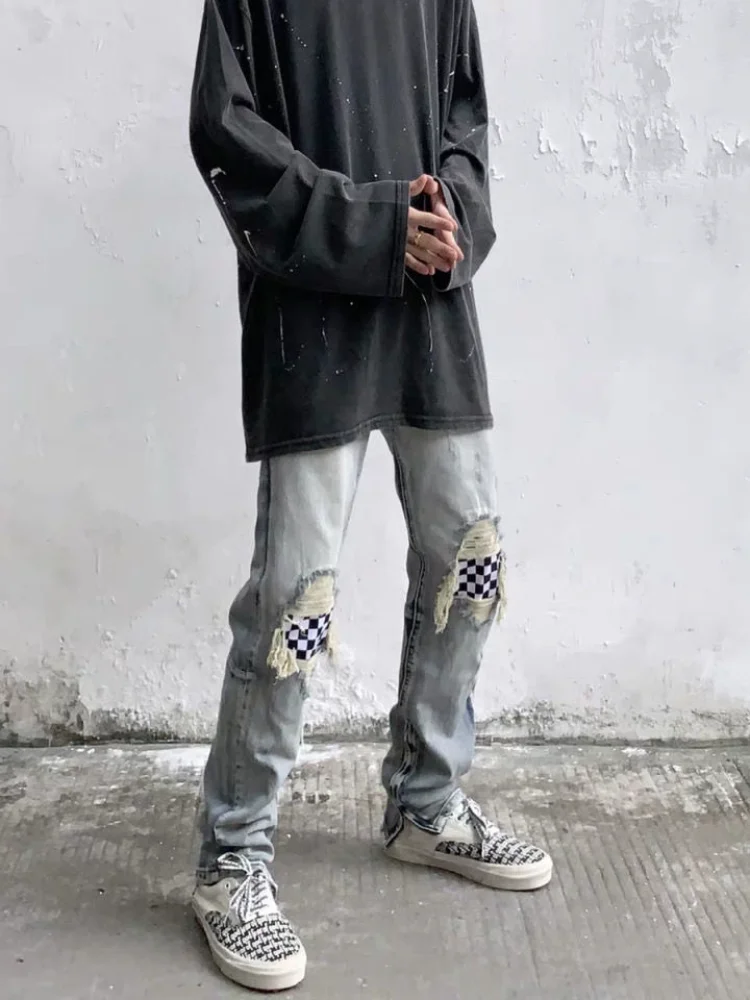ICCLEK High Street Jeans Ripped Jeans Patch Pants Slim Fit Pants Jeans Men  Patchwork Jeans  Mens Loose Jeans  Painted Jeans