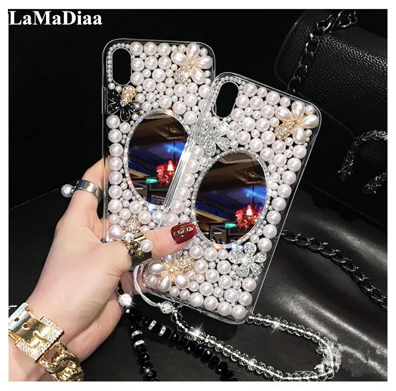 

3D Mirror Flowers DIY Pearl Diamond Bling Capa Cases For Samsung A3 A5 A7 2017 A9 A8 A6 PLUS A50 A70 A80 Crystal Coque Girls