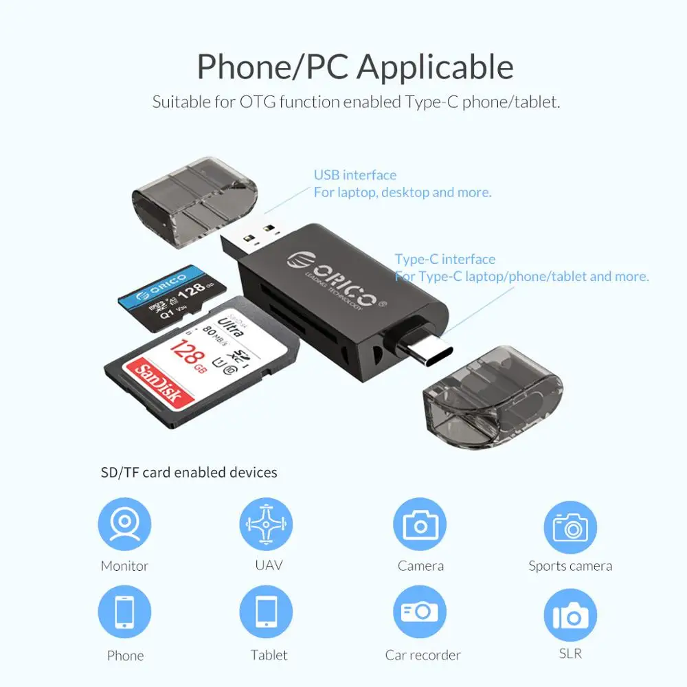 ORICO кардридер USB 3 0 2 в 1 SD/Micro SD TF OTG Смарт карта памяти типа C Кардридер