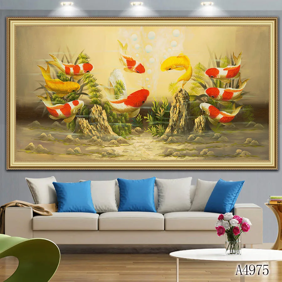 Печать Китайский абстрактный Nine Koi Fish Lotus масляная живопись на холсте плакат фэн шуй Настенная картина для гостиной домашний декор