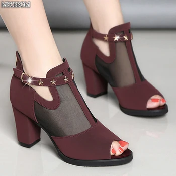 

Women Pumps High Thick Black Heels Ladies Shoes Rivet Mesh Zipper Open Toe Casual Party Wedding Platform Chunky Sandal 129W