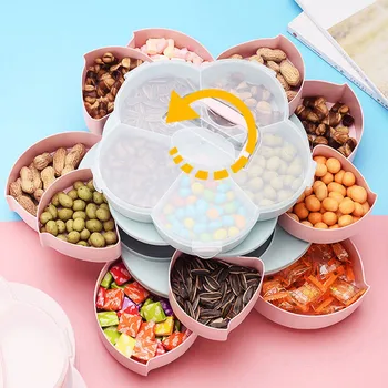 

Creative Flower Shaped Rotary Snack Candy Storage Box Practical Three-layer deck Fruit Divided Grid Plate for Wedding Party