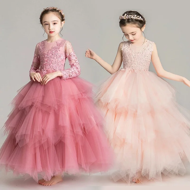 First communion Formal Dress for Girls Flower Wedding Fluffy cake tulle dress summer Kids Dresses Party Long Gown | Детская одежда и