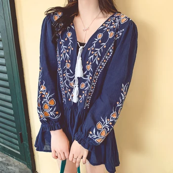 

COIGARSAM Bohemian Full Sleeve Embroidery Spring National Wind V-Neck blusas womens tops and blouses Orange Blue 8221