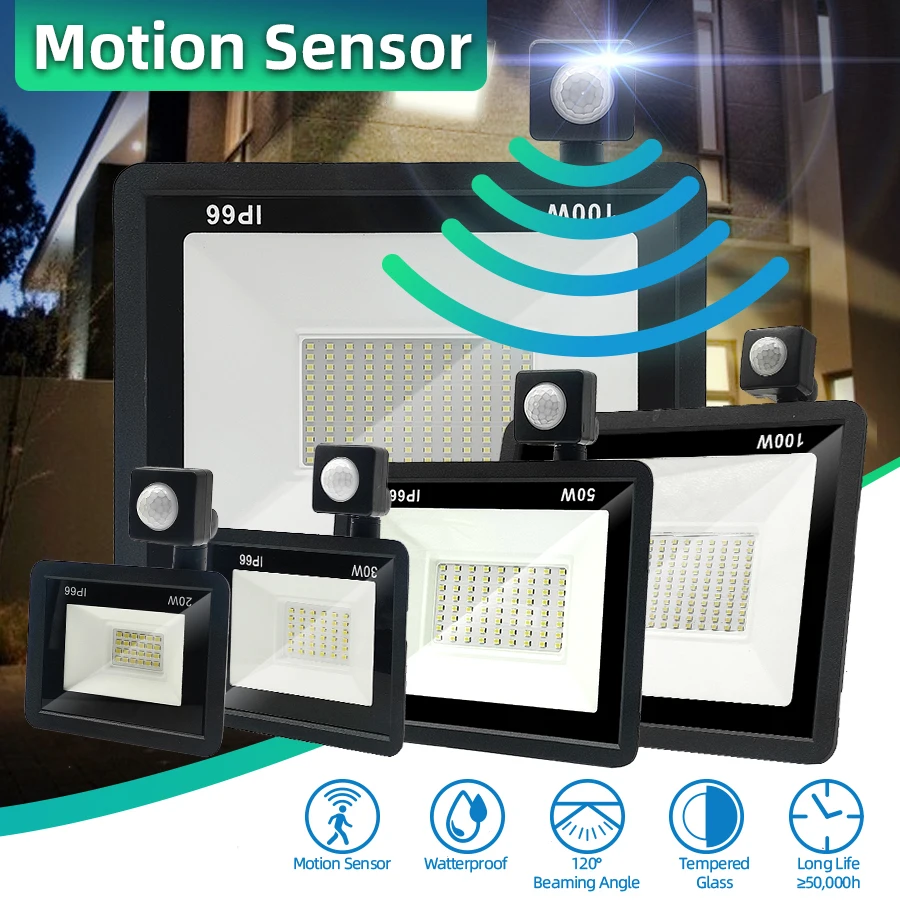PIR Motion Sensor LED Floodlight 10W 20W 30W 50W 100W Spotlight Outdoor IP66 Waterproof Floodlights Garden Square Flood Light | Лампы и