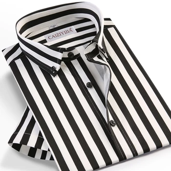 

Men's Summer Short Sleeve Vertical Striped Dress Shirts Pocket-less Design Casual Standard-fit Button Down Thin Shirt