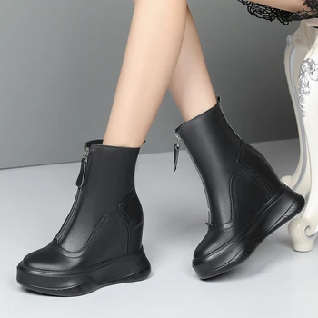 

GIGIFOX Autumn Winter Boots Shoes Women Ankle Boot Height Increasing Add Fur on SALE Great Quality Genuine Leather Round Toe Zip