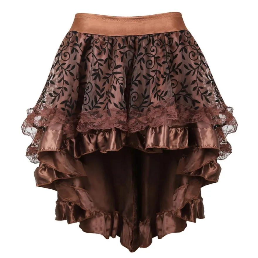 Women Gothic Floral Lace Ruffled Skirt Asymmetrical High Low Skirt Steampunk Pirate Skirts Halloween Costumes Plus Size 2
