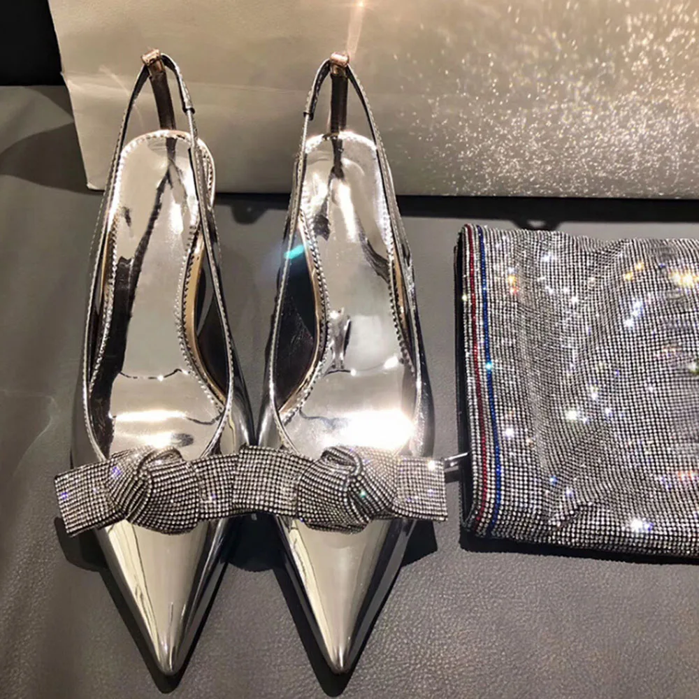 

2020 Summer Silver Wedding Shoes Luxury Shoes Women Crystal Stones Shoes Patent Leather Bow Sandals 6CM