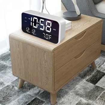 

Bedside Wake Up Digital Mirror Led Music Alarm Clock with Snooze Temperature Thermometer Acoustic Voice Control Backligh A