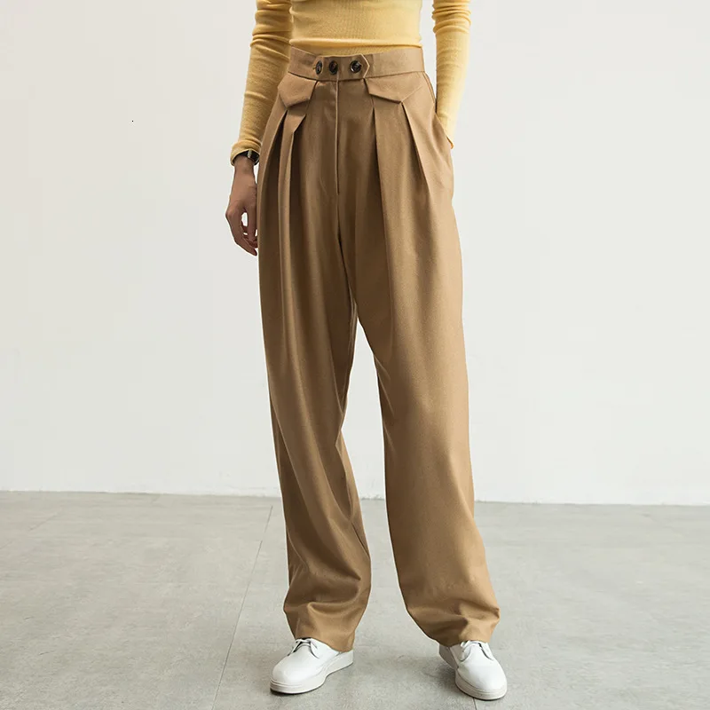 Khaki LANMREM, осень и зима, новые продукты, модные, одноцветные, с высокой талией, с карманами, свободные, с несколькими пуговицами, костюм, брюки для женщин PA807 - Цвет: Khaki
