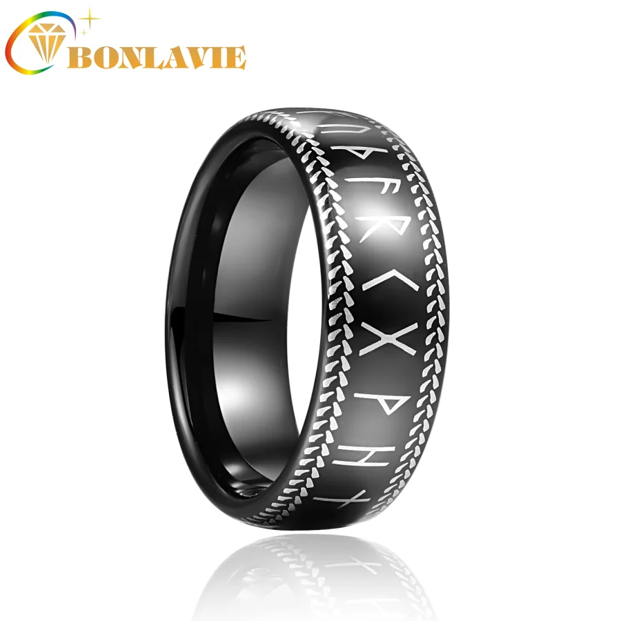 

BONLAVIE 8mm Black Laser Phoenician Lettering Tungsten Carbide Ring Wedding Band for Men Rings Engagement Jewelry