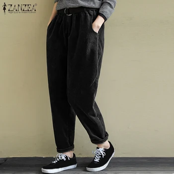 

Women's Harem Pants 2020 ZANZEA Corduroy Trousers Elegant Button Long Turnip Female Mid Wasit Pantalons Plus Size Casual Palazzo