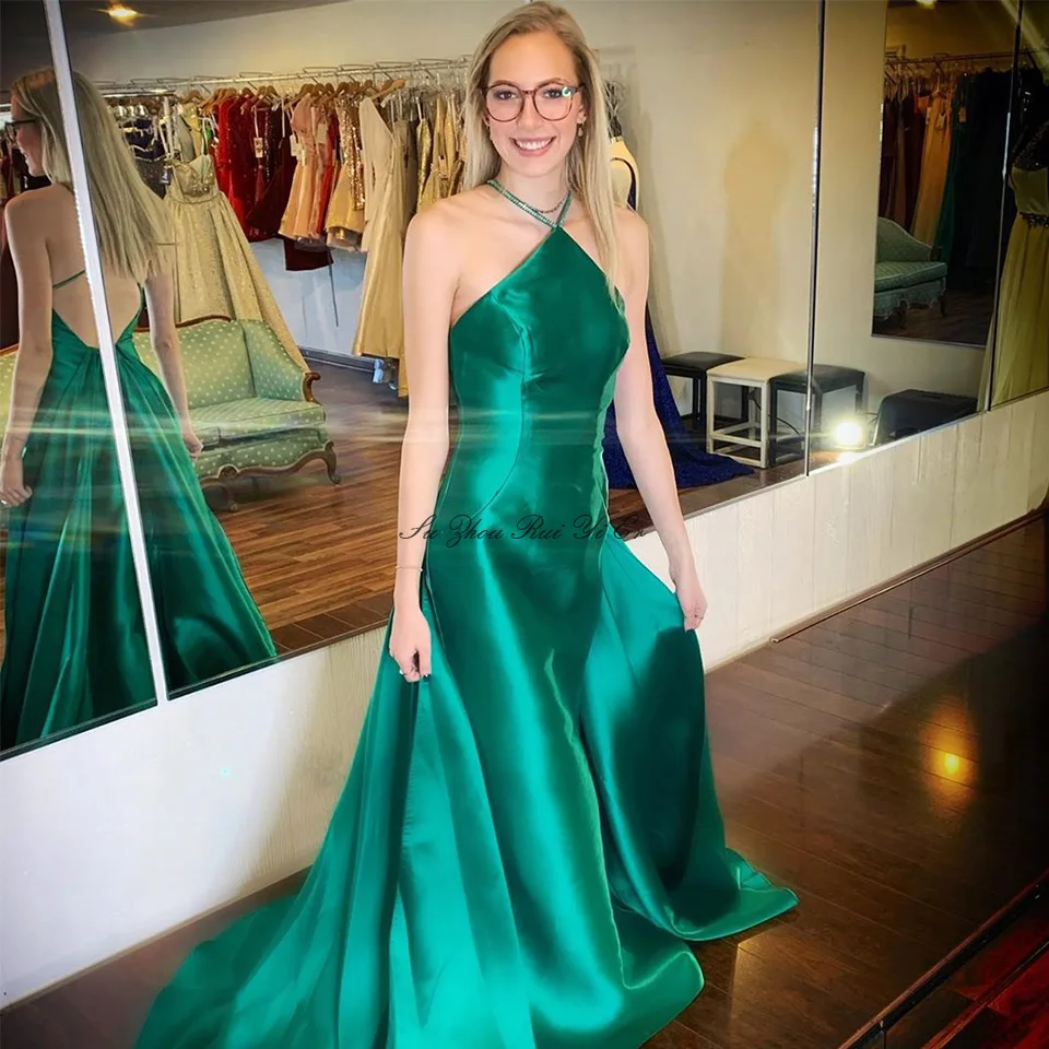 Robe De Soiree элегантное вечернее платье с лямкой на шее зеленое Королевское синее длинное платье с перекрещивающимися на спине атласными трапециевидными бретелями вечернее платье для женщин