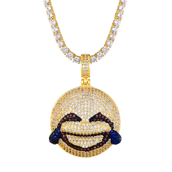 

Drool Round Face Pendant With Tennis Chain Gold Silver Charm Bling Cubic Zircon Men's Hip hop Necklace Rock Jewelry
