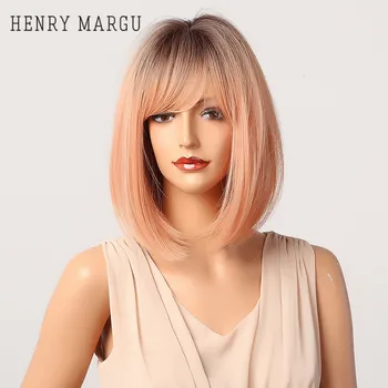 

HENRY MARGU Short Straight Pink Ombre Wigs With Bangs Synthetic Natural Wigs For Women Cosplay Heat Resistant Daily Wigs