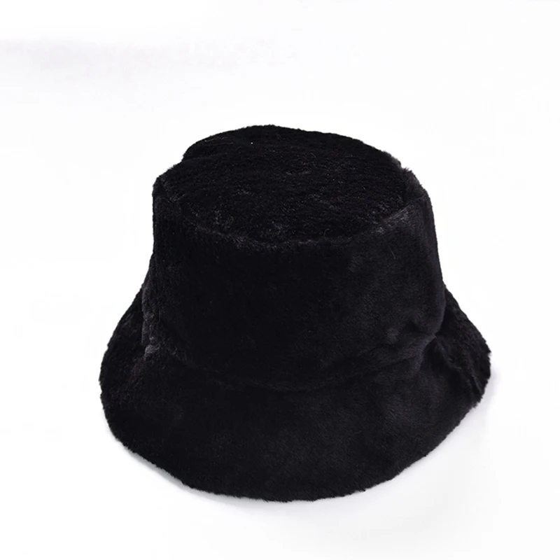 Зимняя шапка-ведро из искусственного меха для женщин и девушек, модная однотонная утолщенная мягкая теплая шапка для рыбалки, шапка для отдыха на открытом воздухе, женская панама - Цвет: BK