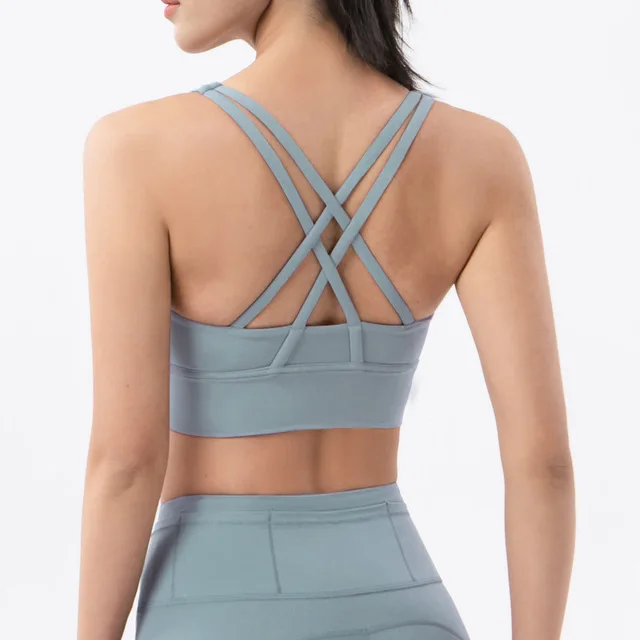 Lulu Classic Solid Color Cross Back Women Sport Bra Fitness Tank Top Shockproof Run Tight Yoga Vest No Steel Ring With Chest Pad Denim Blue