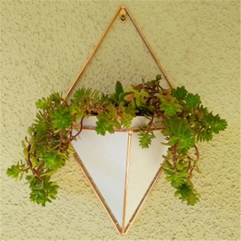 Acrylic flower Pot+ Iron Plant Holders Set Indoor Hanging Planter Geometric Vase Wall Decor Container Succulents Plant Pots