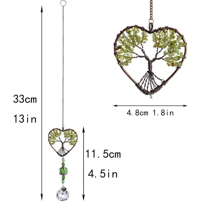 H&D Heart Shaped Crystal Tree of Life Suncatcher Healing Natural Stones Rainbow Maker Window Hanging Ornament Home Garden Decor