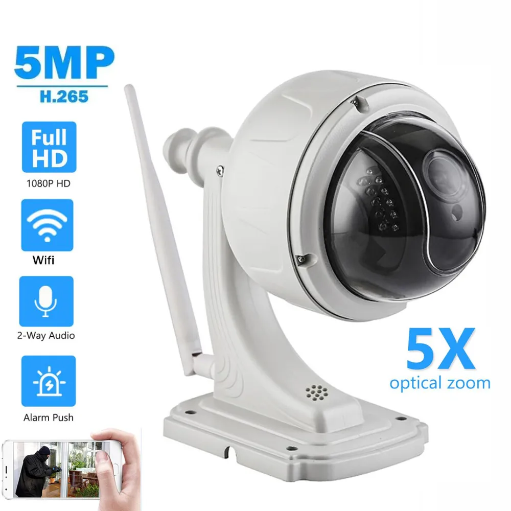 HD 5MP Auto Tracking Wireless Dome IP Camera PTZ 2.7-13.5mm 5X Zoom IR Security Street Camera SD Card Two Way Audio Talk Motion
