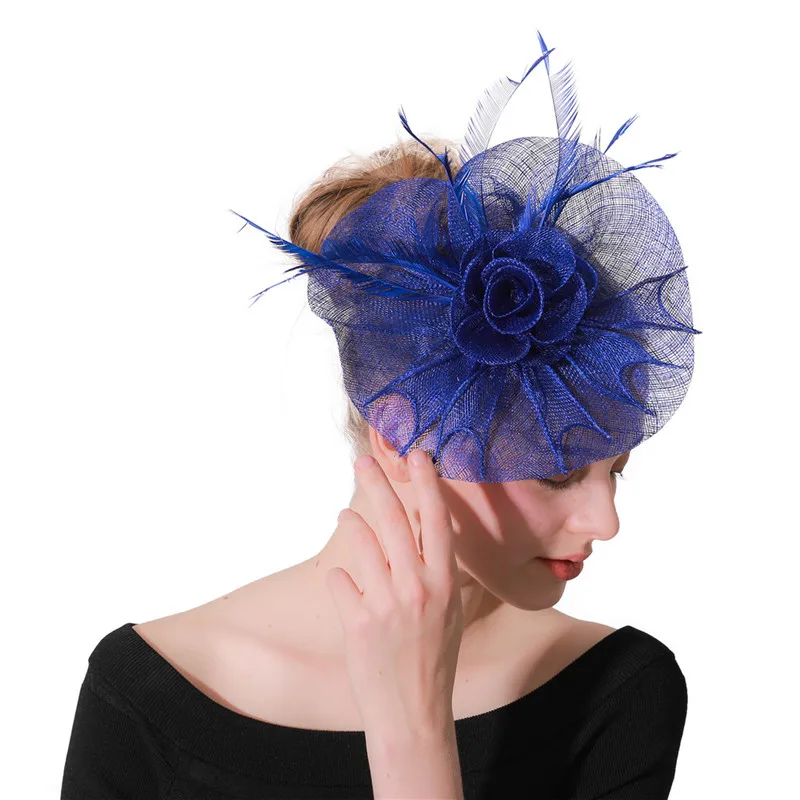 Королевский синий sinamay Свадебный чародей шляпа заколка для волос для невесты женатые причудливые перья головные уборы вечерние аксессуары для волос головная повязка - Цвет: Синий