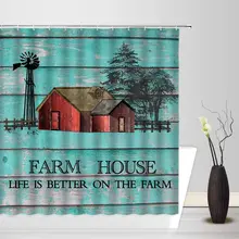 

Rustic Farmhouse Shower Curtain Vintage Old Windmill Tree Tree Vintage Teal Wooden Board Black Retro Country Fabric Bath Curtain